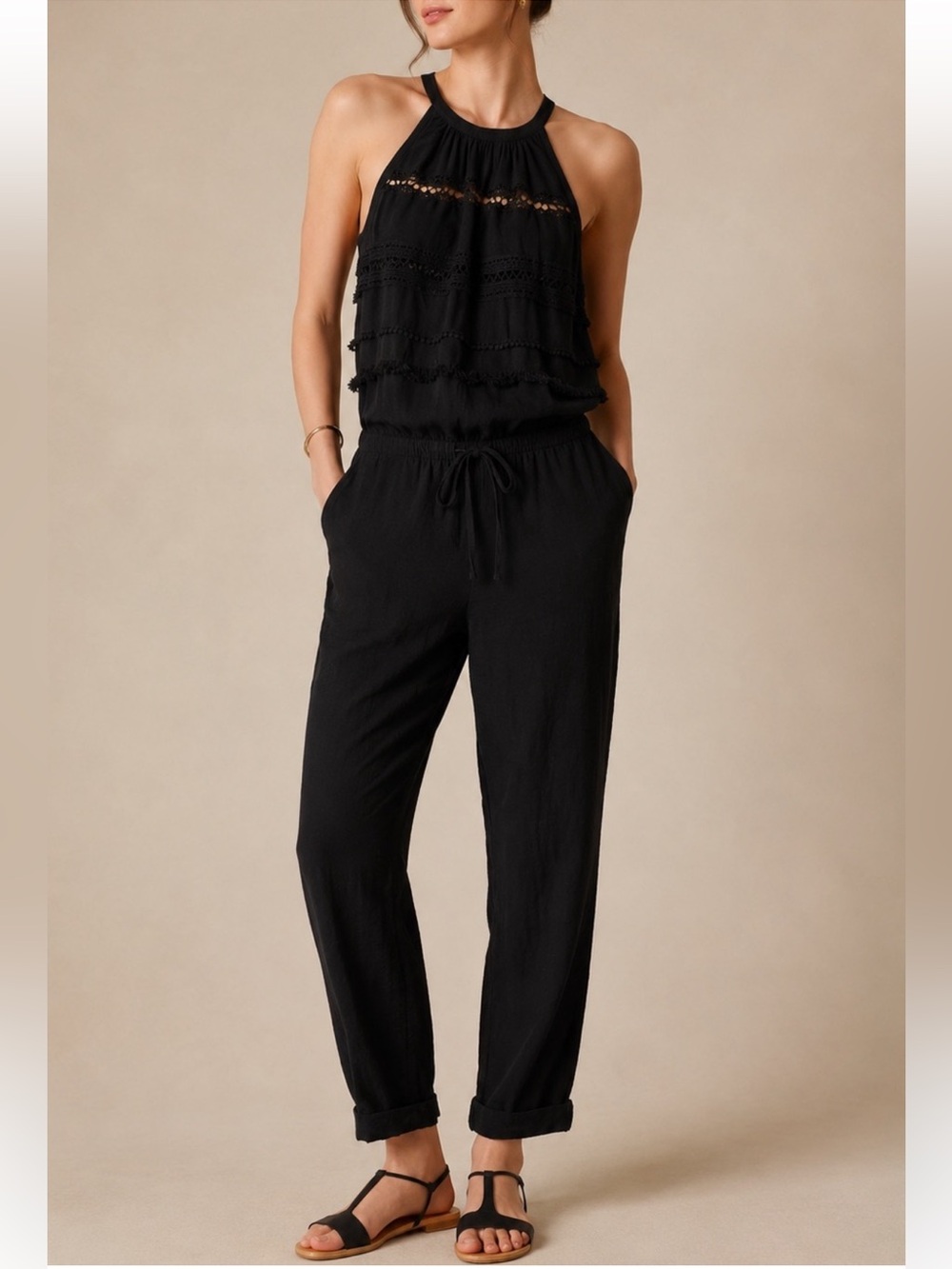 LOFT Black Lace Trim Halter Jumpsuit Fringe Wide Leg Pockets Boho SMALL
